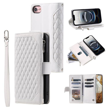 For iPhone 16e Grid Texture Zipper Leather Phone Case with Lanyard(White) by bashfashion