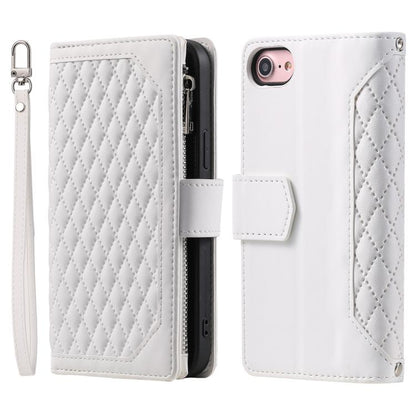 For iPhone 16e Grid Texture Zipper Leather Phone Case with Lanyard(White) by bashfashion