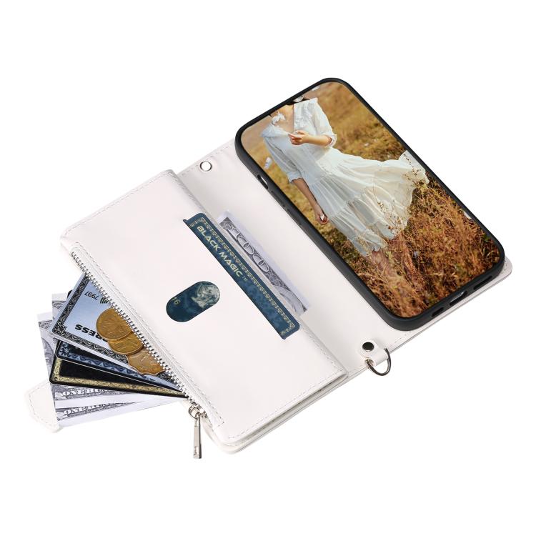 For iPhone 16e Grid Texture Zipper Leather Phone Case with Lanyard(White) by bashfashion