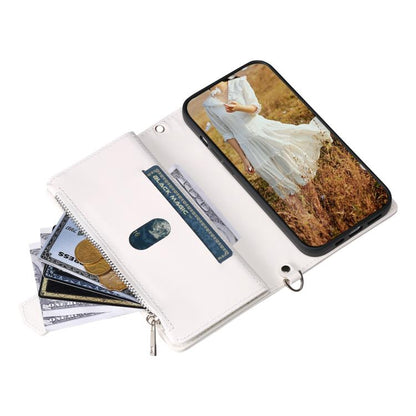 For iPhone 16e Grid Texture Zipper Leather Phone Case with Lanyard(White) by bashfashion