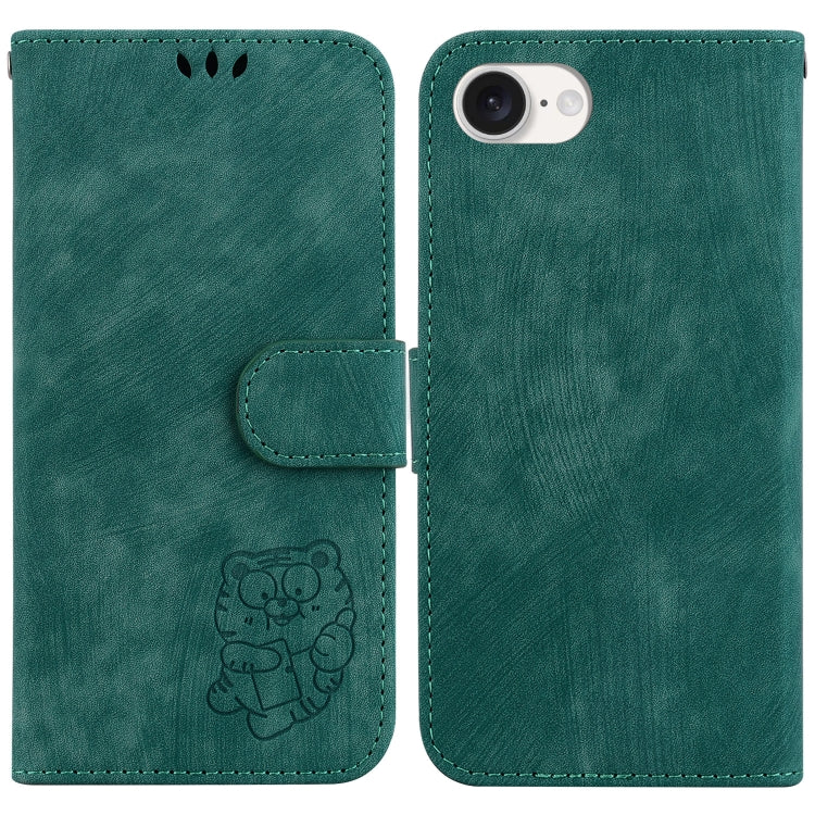 For iPhone 16e Little Tiger Embossed Leather Phone Case(Green) by bashfashion