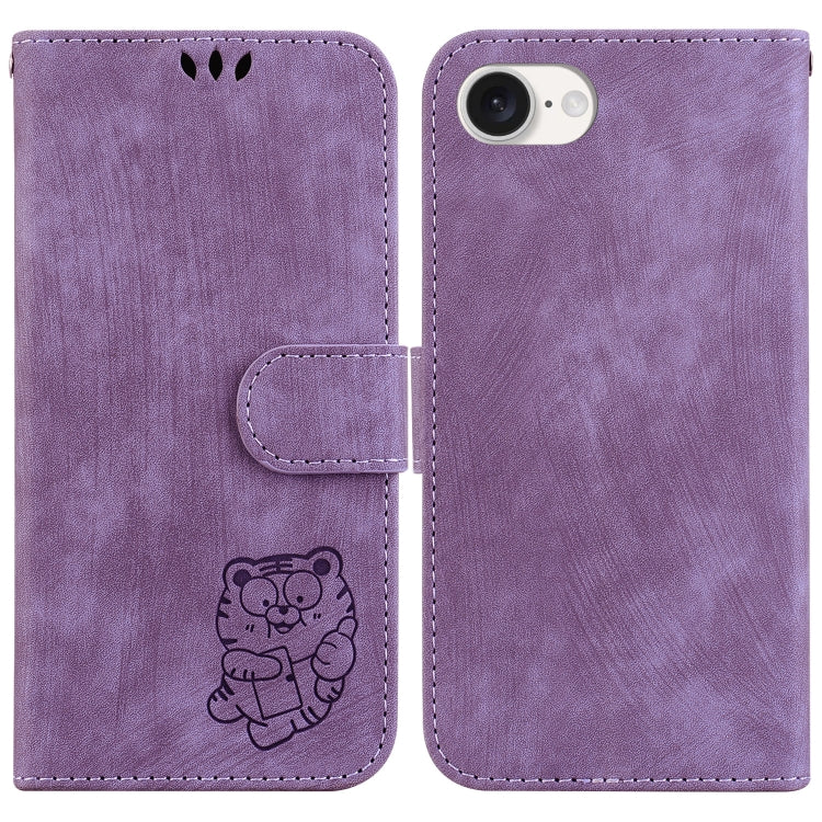 For iPhone 16e Little Tiger Embossed Leather Phone Case(Purple) by bashfashion
