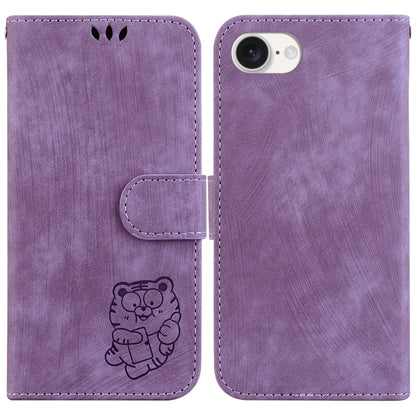 For iPhone 16e Little Tiger Embossed Leather Phone Case(Purple) by bashfashion