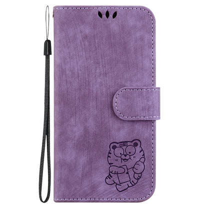 For iPhone 16e Little Tiger Embossed Leather Phone Case(Purple) by bashfashion