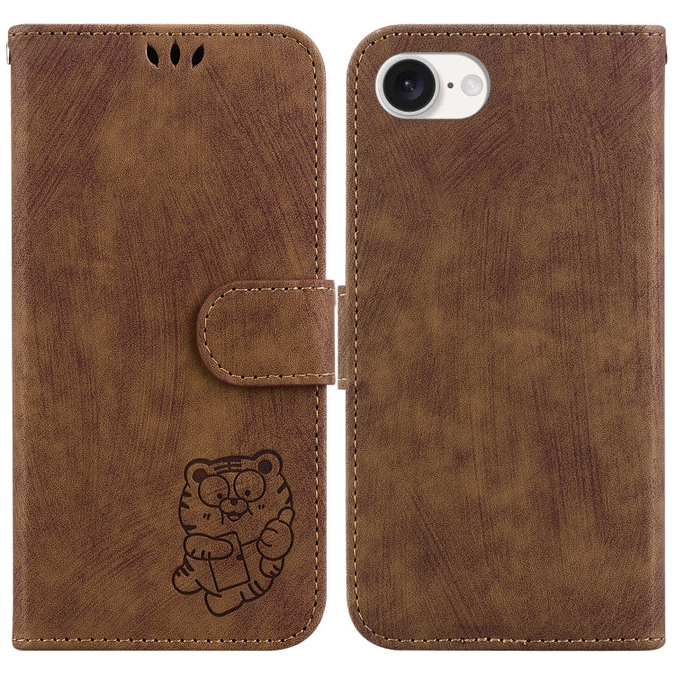 For iPhone 16e Little Tiger Embossed Leather Phone Case(Brown) by bashfashion