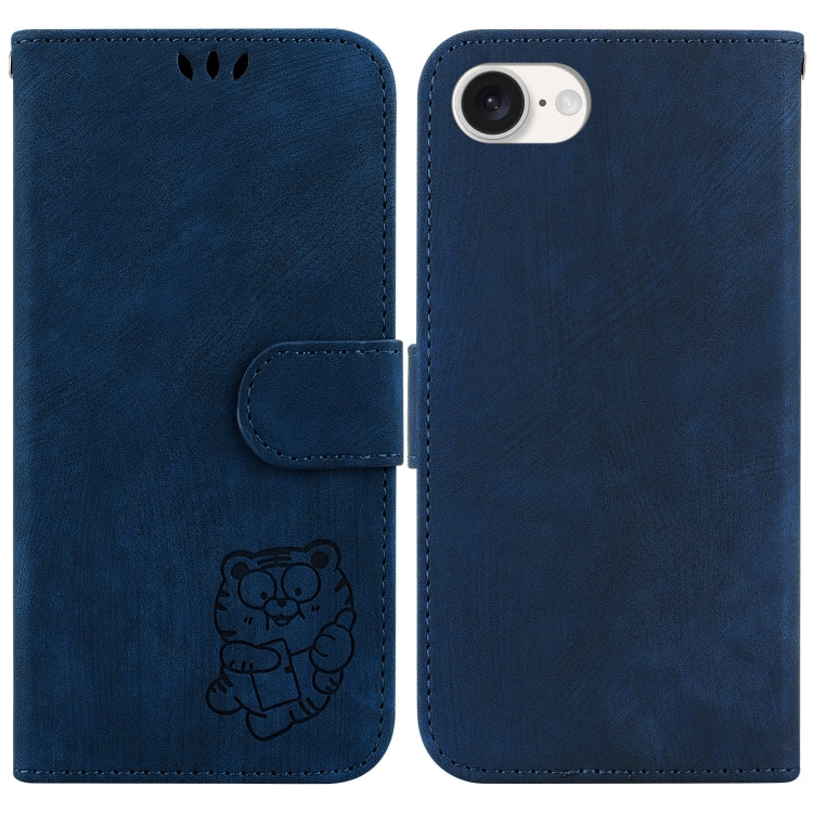 For iPhone 16e Little Tiger Embossed Leather Phone Case(Dark Blue) by bashfashion
