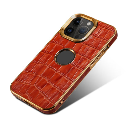 For iPhone 15 Pro Max Denior Crocodile Texture Genuine Leather Electroplating Phone Case(Mocha Brown) by Denior