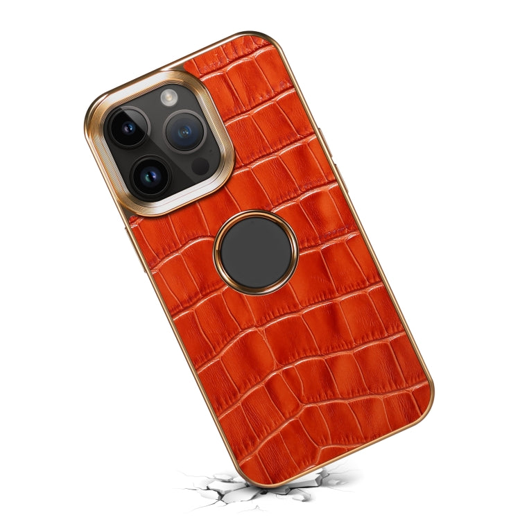 For iPhone 15 Pro Max Denior Crocodile Texture Genuine Leather Electroplating Phone Case(Mocha Brown) by Denior