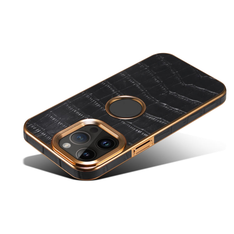 For iPhone 15 Pro Max Denior Crocodile Texture Genuine Leather Electroplating Phone Case(Black) by Denior