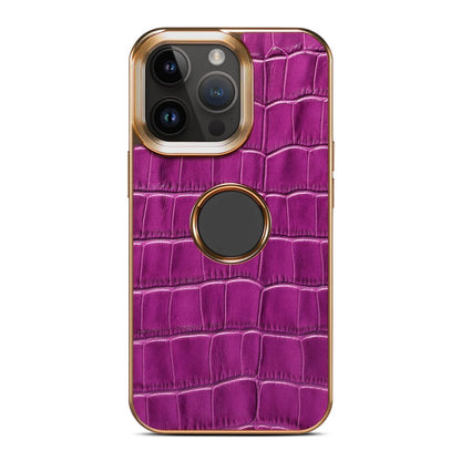 For iPhone 15 Pro Denior Crocodile Texture Genuine Leather Electroplating Phone Case(Purple) by Denior