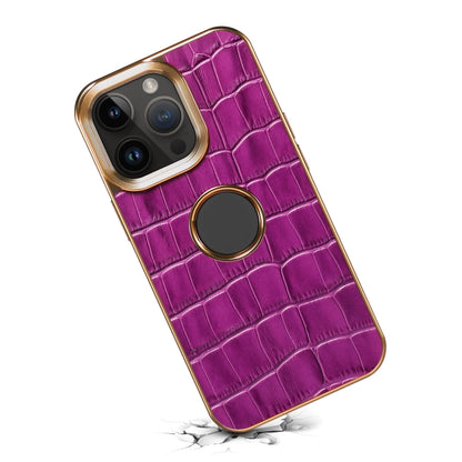 For iPhone 15 Plus Denior Crocodile Texture Genuine Leather Electroplating Phone Case(Purple) by Denior