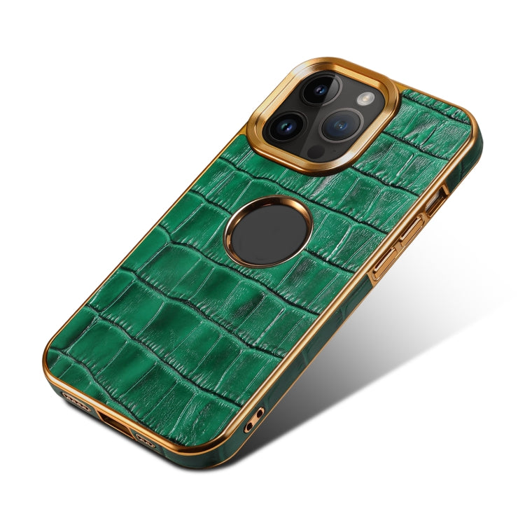 For iPhone 15 Plus Denior Crocodile Texture Genuine Leather Electroplating Phone Case(Green) by Denior