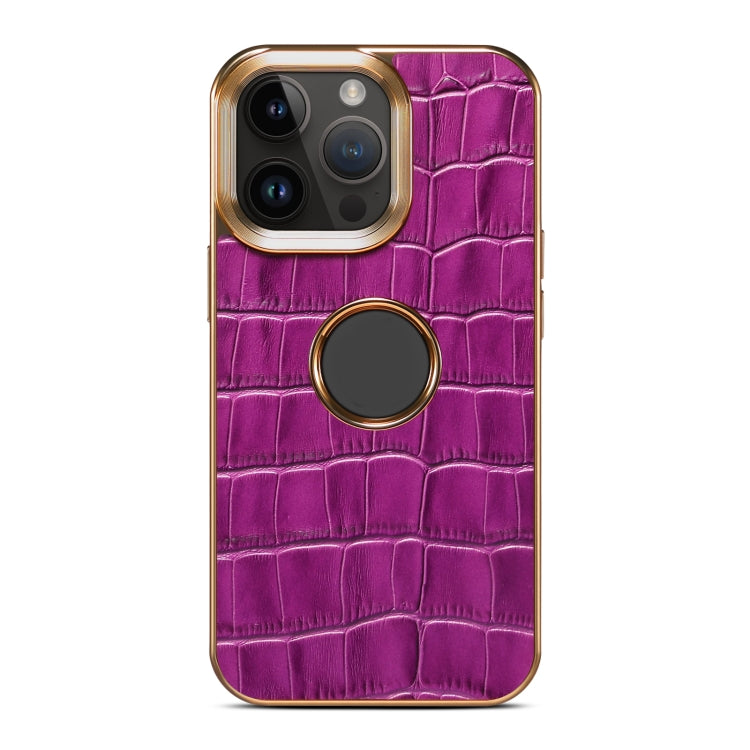 For iPhone 14 Plus Denior Crocodile Texture Genuine Leather Electroplating Phone Case(Purple) by Denior