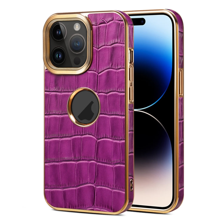 For iPhone 14 Pro Denior Crocodile Texture Genuine Leather Electroplating Phone Case(Purple) by Denior