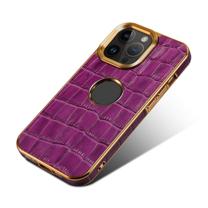 For iPhone 14 Pro Denior Crocodile Texture Genuine Leather Electroplating Phone Case(Purple) by Denior