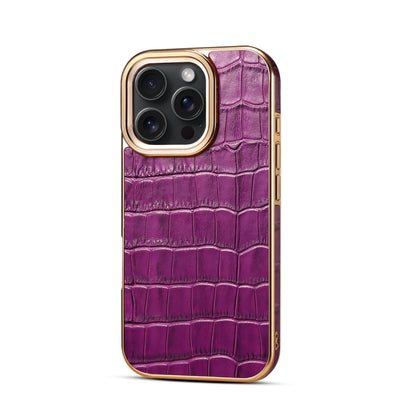 For iPhone 16 Pro Max Denior Crocodile Texture Genuine Leather Electroplating Phone Case(Purple) by Denior