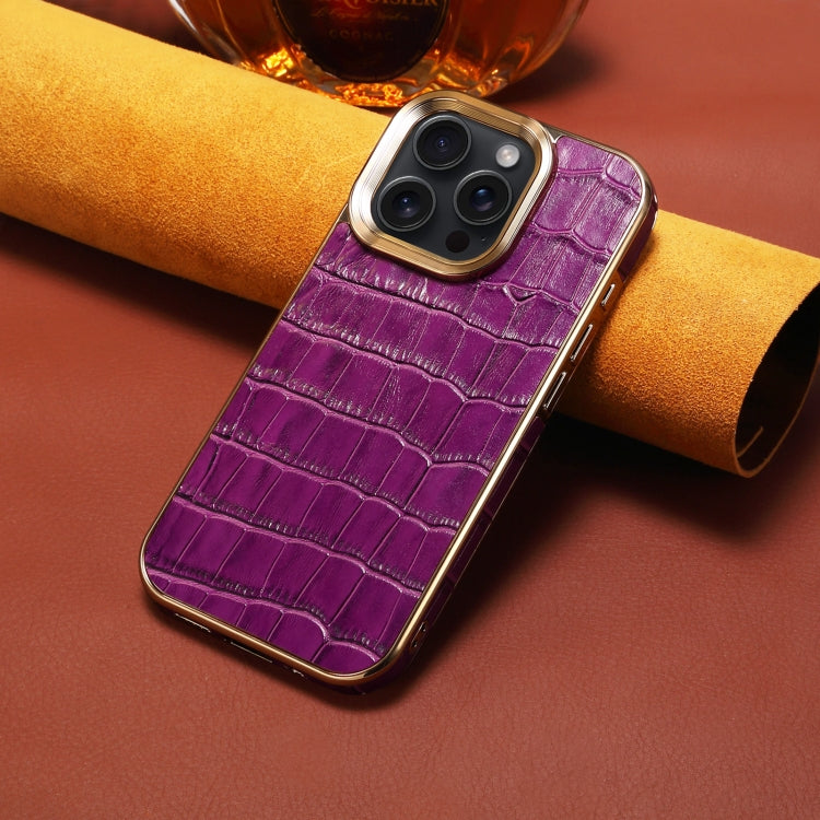 For iPhone 16 Pro Max Denior Crocodile Texture Genuine Leather Electroplating Phone Case(Purple) by Denior