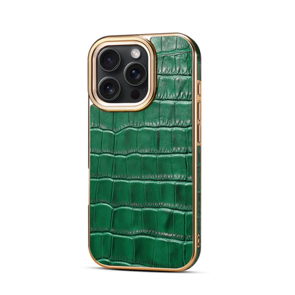 For iPhone 16 Pro Max Denior Crocodile Texture Genuine Leather Electroplating Phone Case(Green) by Denior