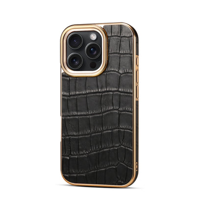 For iPhone 16 Pro Max Denior Crocodile Texture Genuine Leather Electroplating Phone Case(Black) by Denior