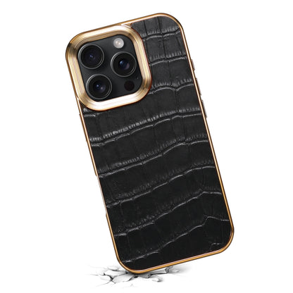 For iPhone 16 Pro Max Denior Crocodile Texture Genuine Leather Electroplating Phone Case(Black) by Denior