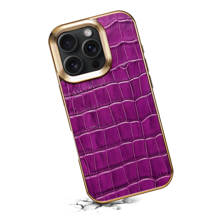 For iPhone 16 Pro Denior Crocodile Texture Genuine Leather Electroplating Phone Case(Purple) by Denior