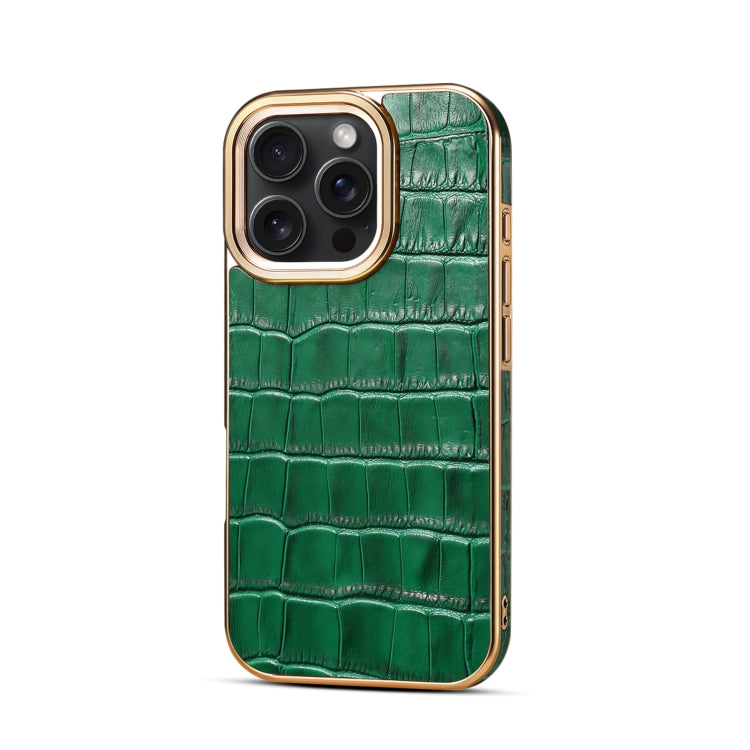 For iPhone 16 Pro Denior Crocodile Texture Genuine Leather Electroplating Phone Case(Green) by Denior
