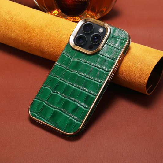 For iPhone 16 Pro Denior Crocodile Texture Genuine Leather Electroplating Phone Case(Green) by Denior