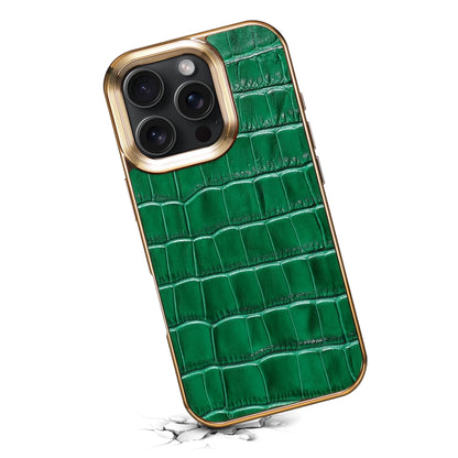 For iPhone 16 Pro Denior Crocodile Texture Genuine Leather Electroplating Phone Case(Green) by Denior