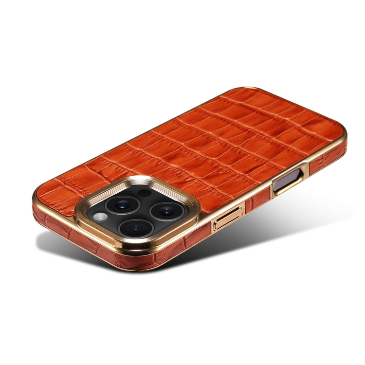 For iPhone 16 Pro Denior Crocodile Texture Genuine Leather Electroplating Phone Case(Mocha Brown) by Denior