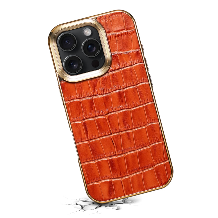 For iPhone 16 Pro Denior Crocodile Texture Genuine Leather Electroplating Phone Case(Mocha Brown) by Denior