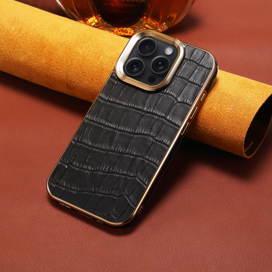 For iPhone 16 Pro Denior Crocodile Texture Genuine Leather Electroplating Phone Case(Black) by Denior
