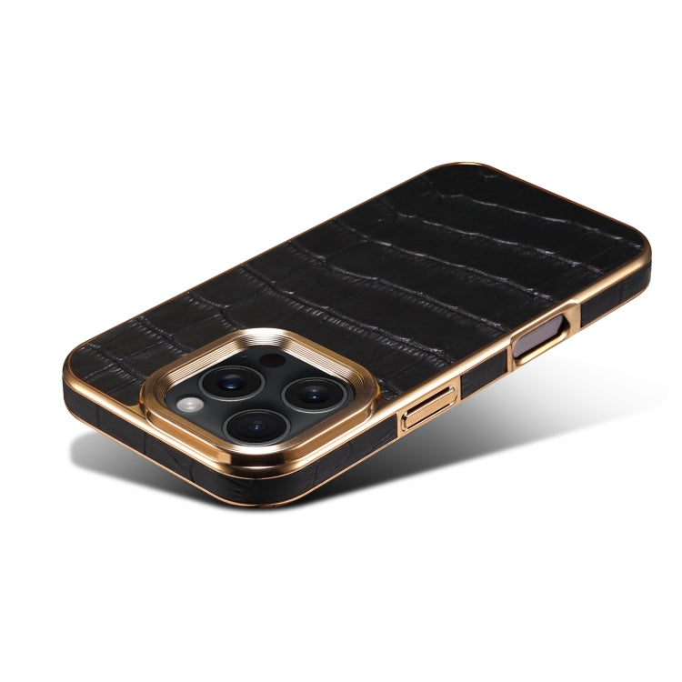 For iPhone 16 Pro Denior Crocodile Texture Genuine Leather Electroplating Phone Case(Black) by Denior