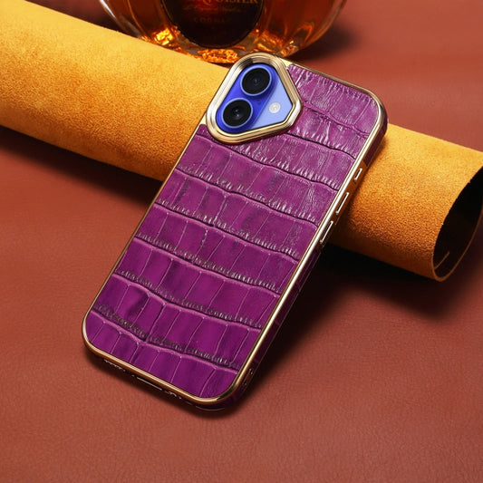 For iPhone 16 Plus Denior Crocodile Texture Genuine Leather Electroplating Phone Case(Purple) by Denior