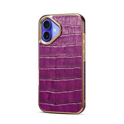 For iPhone 16 Denior Crocodile Texture Genuine Leather Electroplating Phone Case(Purple) by Denior