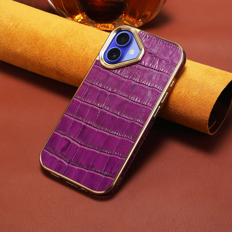 For iPhone 16 Denior Crocodile Texture Genuine Leather Electroplating Phone Case(Purple) by Denior