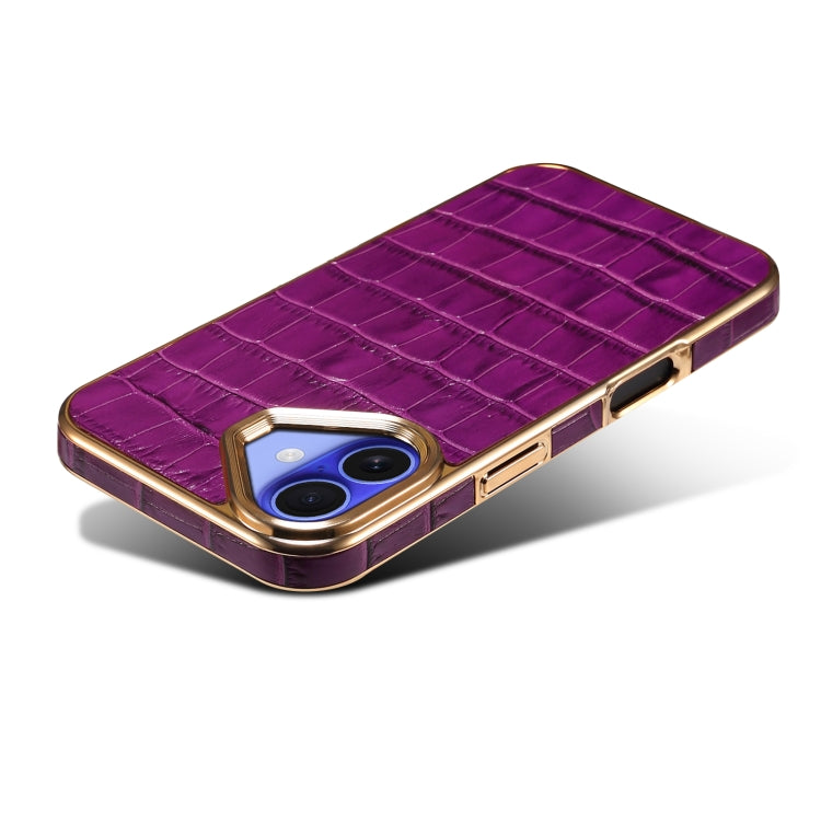 For iPhone 16 Denior Crocodile Texture Genuine Leather Electroplating Phone Case(Purple) by Denior