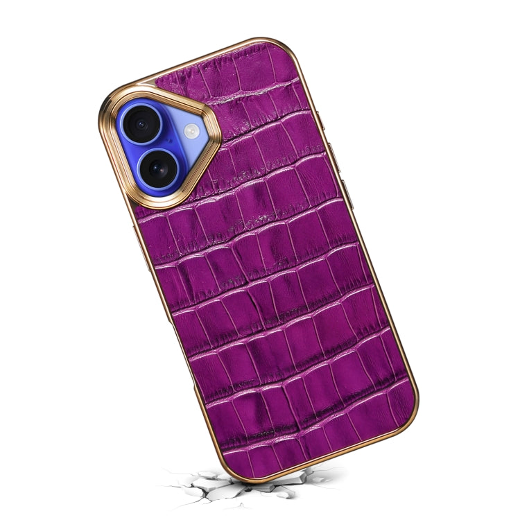 For iPhone 16 Denior Crocodile Texture Genuine Leather Electroplating Phone Case(Purple) by Denior