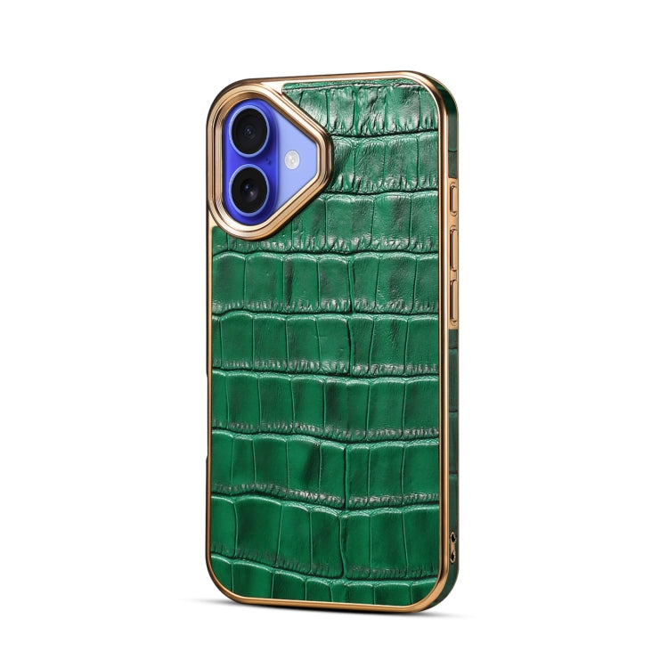 For iPhone 16 Denior Crocodile Texture Genuine Leather Electroplating Phone Case(Green) by Denior