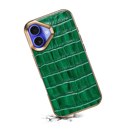 For iPhone 16 Denior Crocodile Texture Genuine Leather Electroplating Phone Case(Green) by Denior