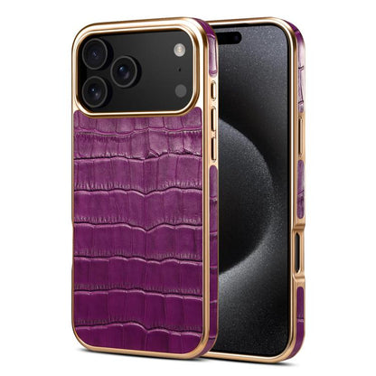 For iPhone 17 Pro Denior Crocodile Texture Genuine Leather Electroplating Phone Case(Purple) by Denior