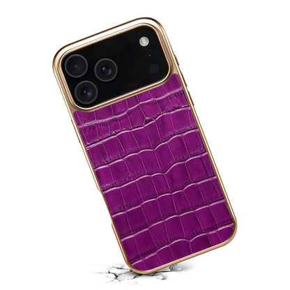 For iPhone 17 Pro Denior Crocodile Texture Genuine Leather Electroplating Phone Case(Purple) by Denior