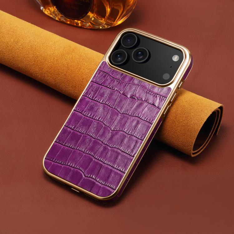 For iPhone 17 Pro Denior Crocodile Texture Genuine Leather Electroplating Phone Case(Purple) by Denior