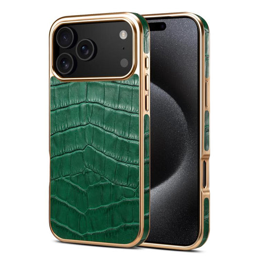 For iPhone 17 Pro Denior Crocodile Texture Genuine Leather Electroplating Phone Case(Green) by Denior
