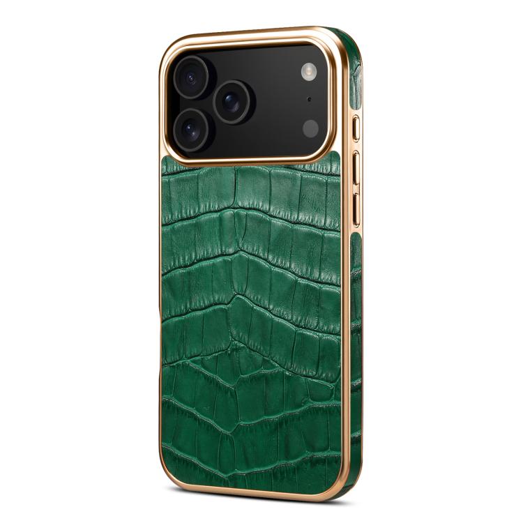 For iPhone 17 Pro Denior Crocodile Texture Genuine Leather Electroplating Phone Case(Green) by Denior