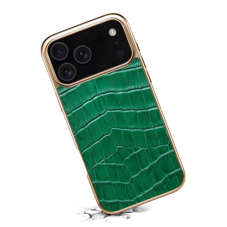 For iPhone 17 Pro Denior Crocodile Texture Genuine Leather Electroplating Phone Case(Green) by Denior
