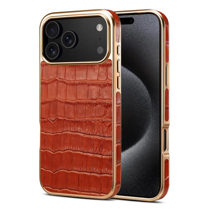 For iPhone 17 Pro Denior Crocodile Texture Genuine Leather Electroplating Phone Case(Mocha Brown) by Denior