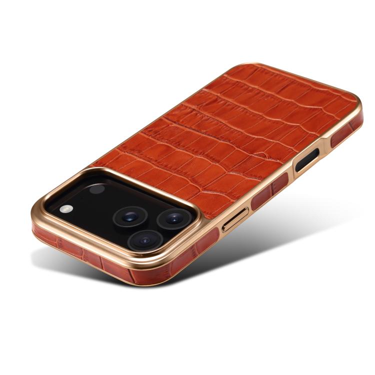For iPhone 17 Pro Denior Crocodile Texture Genuine Leather Electroplating Phone Case(Mocha Brown) by Denior