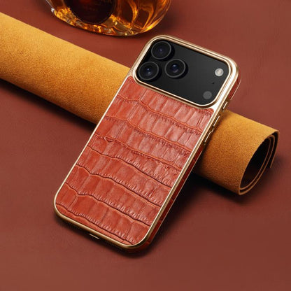 For iPhone 17 Pro Denior Crocodile Texture Genuine Leather Electroplating Phone Case(Mocha Brown) by Denior