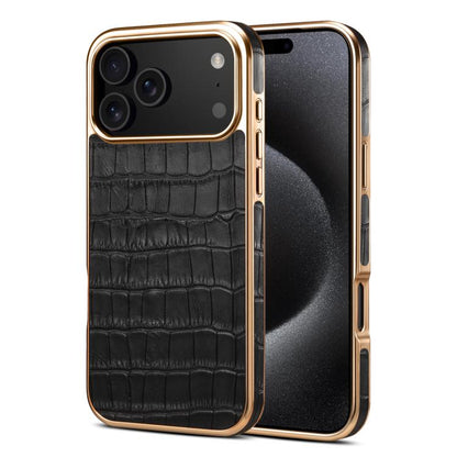 For iPhone 17 Pro Denior Crocodile Texture Genuine Leather Electroplating Phone Case(Black) by Denior