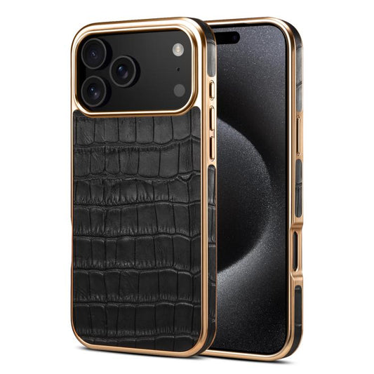 For iPhone 17 Pro Denior Crocodile Texture Genuine Leather Electroplating Phone Case(Black) by Denior